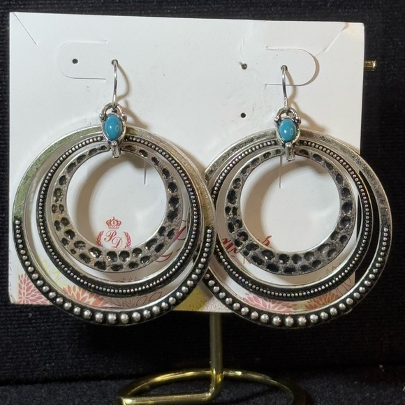 Premier Designs Silver Tone Dangling Triple Hoops With Blue Accents Stone 2.5in - Picture 4 of 9